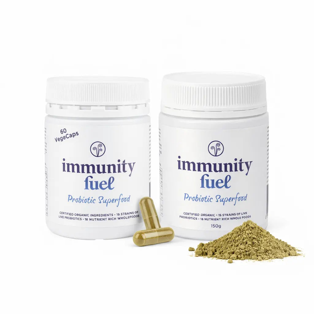 Two containers of 'immunity fuel' probiotic superfood with capsules and powder on a white background