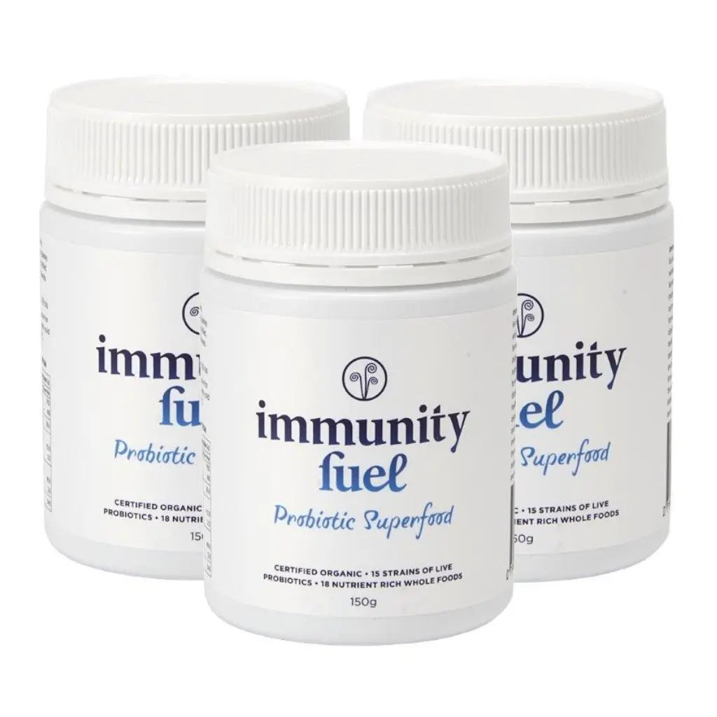 Three containers of 'Immunity Fuel' probiotic superfood on a white background