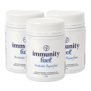 Three containers of 'Immunity Fuel' probiotic superfood on a white background