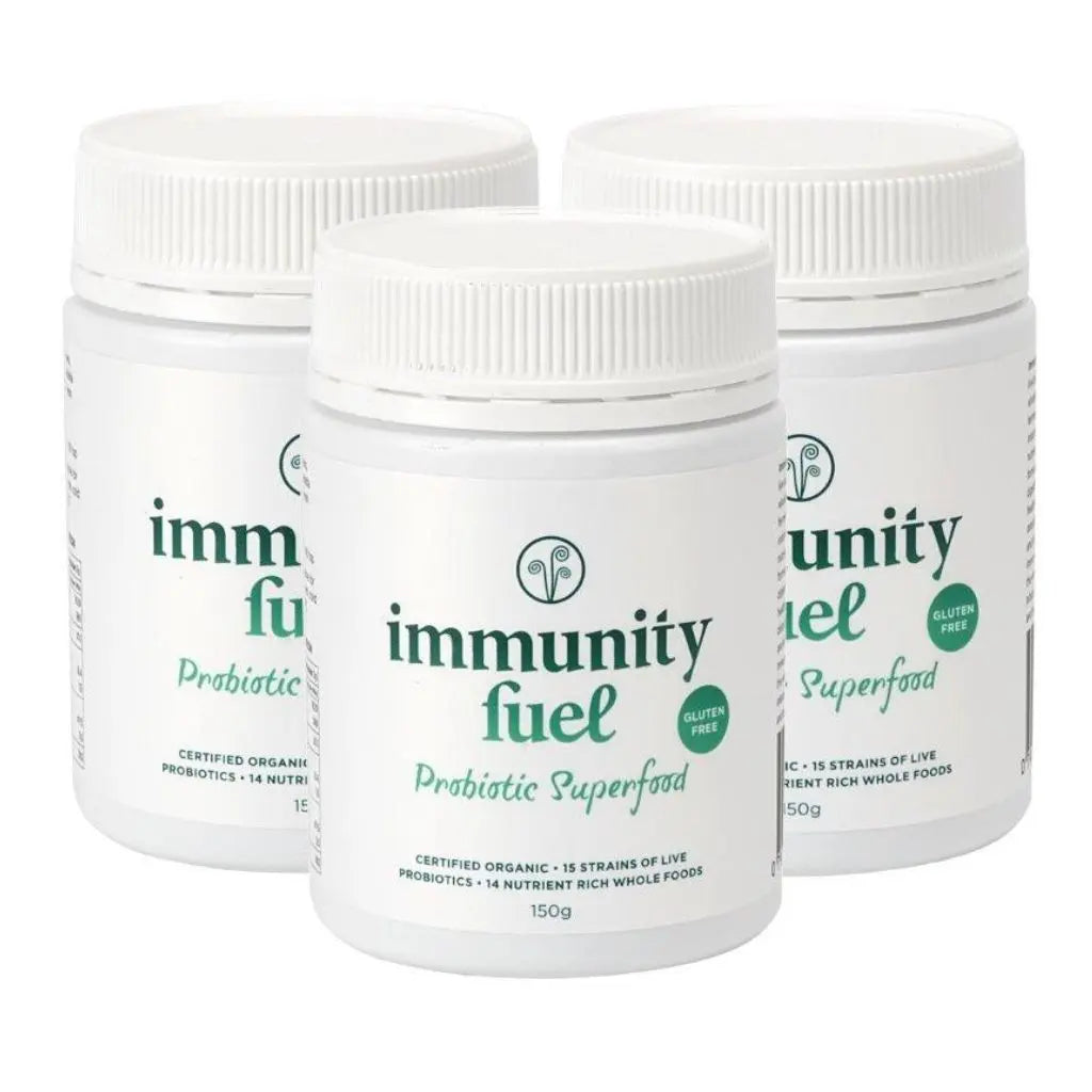 Three containers of 'Immunity Fuel' on a white background