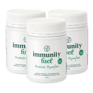 Three containers of 'Immunity Fuel' on a white background