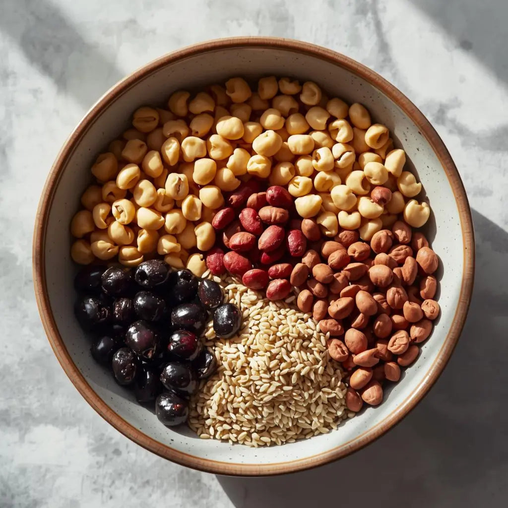 Assorted gf grains and blackcurrants   in a bowl on a light gray surface