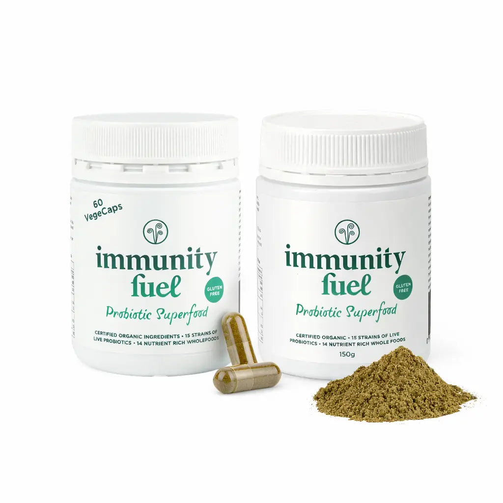 Two containers of gluten free 'immunity fuel' probiotic superfood with capsules and powder on a white background