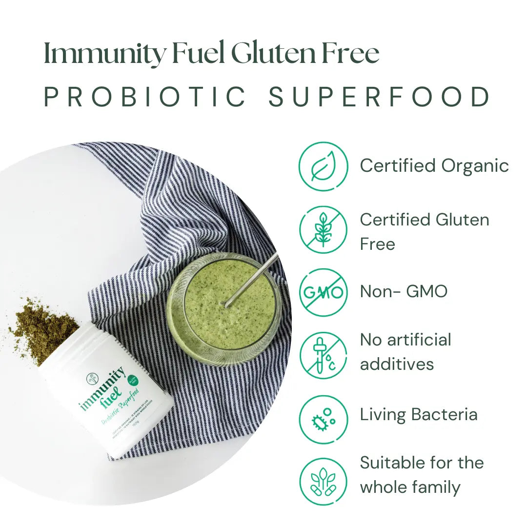 Immunity Fuel Gluten free Probiotic superfood powder with benefits listed 'certified organic, gluten free, non GMO, nothing artificial, live bacteria, suitable for all ages'